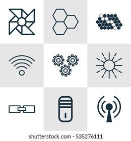 Set Of 9 Artificial Intelligence Icons. Includes Lightness Mode, Laptop Ventilator, Wireless Communications And Other Symbols. Beautiful Design Elements.