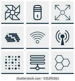 Set Of 9 Artificial Intelligence Icons. Includes Wireless Communications, Hive Pattern, Mainframe And Other Symbols. Beautiful Design Elements.