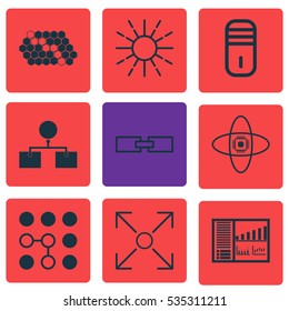 Set Of 9 Artificial Intelligence Icons. Includes Analysis Diagram, Mainframe, Lightness Mode And Other Symbols. Beautiful Design Elements.