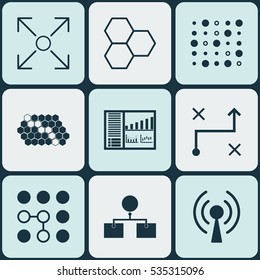 Set Of 9 Artificial Intelligence Icons. Includes Computing Problems, Analysis Diagram, Controlling Board And Other Symbols. Beautiful Design Elements.