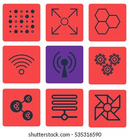 Set Of 9 Artificial Intelligence Icons. Includes Branching Program, Variable Architecture, Laptop Ventilator And Other Symbols. Beautiful Design Elements.