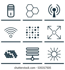Set Of 9 Artificial Intelligence Icons. Includes Variable Architecture, Information Components, Wireless Communications And Other Symbols. Beautiful Design Elements.
