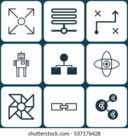 Set Of 9 Artificial Intelligence Icons. Includes Information Base, Related Information, Laptop Ventilator And Other Symbols. Beautiful Design Elements.