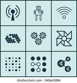Set Of 9 Artificial Intelligence Icons. Includes Wireless Communications, Hive Pattern, Mechanism Parts And Other Symbols. Beautiful Design Elements.
