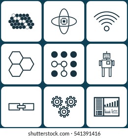Set Of 9 Artificial Intelligence Icons. Includes Computing Problems, Hive Pattern, Related Information And Other Symbols. Beautiful Design Elements.