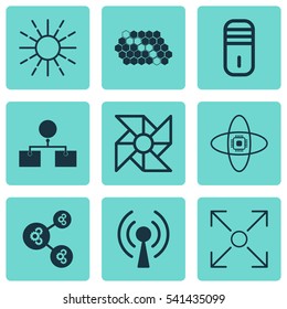 Set Of 9 Artificial Intelligence Icons. Includes Algorithm Illustration, Radio Waves, Lightness Mode And Other Symbols. Beautiful Design Elements.