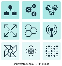 Set Of 9 Artificial Intelligence Icons. Includes Mechanism Parts, Variable Architecture, Analysis Diagram And Other Symbols. Beautiful Design Elements.