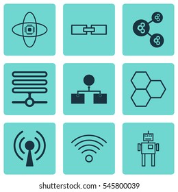 Set Of 9 Artificial Intelligence Icons. Includes Cyborg, Information Components, Atomic Cpu And Other Symbols. Beautiful Design Elements.