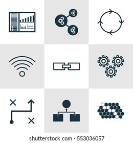 Set Of 9 Artificial Intelligence Icons. Includes Controlling Board, Hive Pattern, Solution And Other Symbols. Beautiful Design Elements.