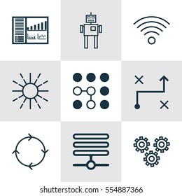 Set Of 9 Artificial Intelligence Icons. Includes Cyborg, Recurring Program, Lightness Mode And Other Symbols. Beautiful Design Elements.