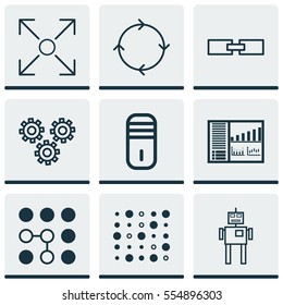 Set Of 9 Artificial Intelligence Icons. Includes Recurring Program, Mechanism Parts, Mainframe And Other Symbols. Beautiful Design Elements.