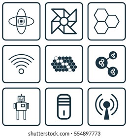 Set Of 9 Artificial Intelligence Icons. Includes Algorithm Illustration, Atomic Cpu, Cyborg And Other Symbols. Beautiful Design Elements.