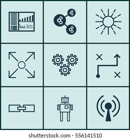 Set Of 9 Artificial Intelligence Icons. Includes Related Information, Cyborg, Radio Waves And Other Symbols. Beautiful Design Elements.