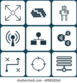 Set Of 9 Artificial Intelligence Icons. Includes Analysis Diagram, Hive Pattern, Solution And Other Symbols. Beautiful Design Elements.
