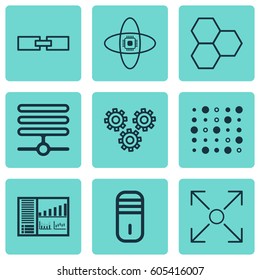 Set Of 9 Artificial Intelligence Icons. Includes Variable Architecture, Atomic Cpu, Mechanism Parts And Other Symbols. Beautiful Design Elements.