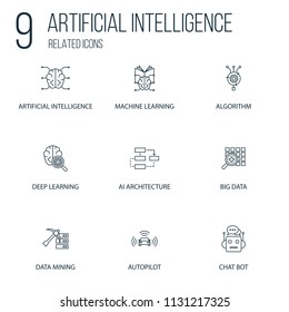 Set of 9 Artificial Intelligence Related line Icons. Contains such Icons as Algorithm, Big data, Chat Bot and more. concept symbol creative design. Can be used for web UI/UX