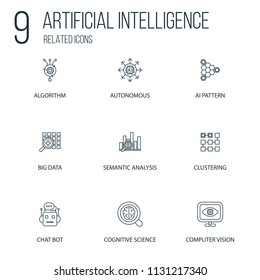 Set of 9 Artificial Intelligence Related line Icons. Contains such Icons as Algorithm, Big data, Chat Bot and more. concept symbol creative design. Can be used for web UI/UX