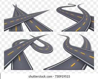 Set of 9 asphalt road concepts in perspective. Highway icons. Vector illustration.