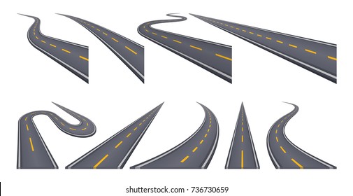 Set of 9 asphalt road concepts in perspective. Highway icons. Vector illustration.