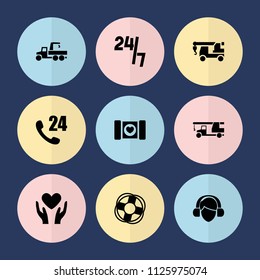 Set of 9 assistance filled icons such as truck with hook, 24 hours support, lifebuoy, case with heart, heart on hand