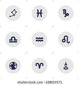 Set Of 9 Astrology Icons Set.Collection Of Augur, Earth Planet, Ram And Other Elements.