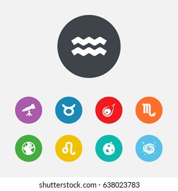 Set Of 9 Astrology Icons Set.Collection Of Comet, Earth Planet, Lion And Other Elements.