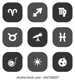 Set Of 9 Astrology Icons Set.Collection Of Binoculars, Bull, Comet And Other Elements.