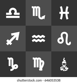 Set Of 9 Astrology Icons Set.Collection Of Water Bearer, Goat, Archer And Other Elements.