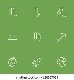 Set Of 9 Astrology Outline Icons Set.Collection Of Asteroid, Leo, Globe And Other Elements.