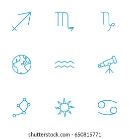 Set Of 9 Astrology Outline Icons Set.Collection Of Aqurius, Capricorn, Sagittarius And Other Elements.