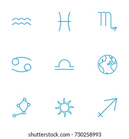 Set Of 9 Astrology Outline Icons Set.Collection Of Aqurius, Globe, Constellation And Other Elements.