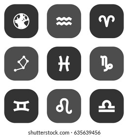 Set Of 9 Astronomy Icons Set.Collection Of Earth Planet, Water Bearer, Fishes And Other Elements.