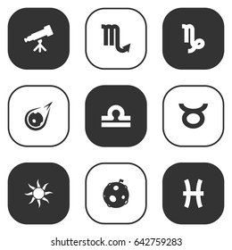 Set Of 9 Astronomy Icons Set.Collection Of Binoculars, Goat, Solar And Other Elements.