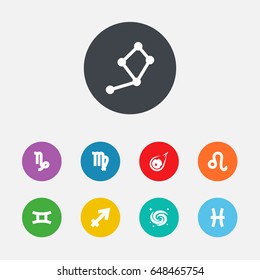 Set Of 9 Astronomy Icons Set.Collection Of Space, Goat, Comet And Other Elements.