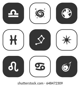 Set Of 9 Astronomy Icons Set.Collection Of Earth Planet, Lion, Space And Other Elements.