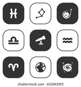 Set Of 9 Astronomy Icons Set.Collection Of Ram, Fishes, Space And Other Elements.