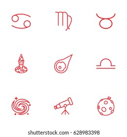 Set Of 9 Astronomy Outline Icons Set.Collection Of Libra, Virgo, Asteroid And Other Elements.