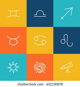 Set Of 9 Astronomy Outline Icons Set.Collection Of Cancer, Leo, Taurus And Other Elements.
