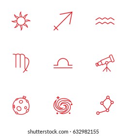 Set Of 9 Astronomy Outline Icons Set.Collection Of Sagittarius, Constellation, Aqurius And Other Elements.