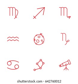 Set Of 9 Astronomy Outline Icons Set.Collection Of Virgo, Cancer, Telescope And Other Elements.