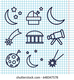 Set of 9 astronomy outline icons such as observatory, moon and stars, crescent, falling star, telescope