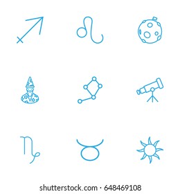 Set Of 9 Astronomy Outline Icons Set.Collection Of Constellation, Telescope, Astrologer And Other Elements.
