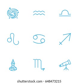 Set Of 9 Astronomy Outline Icons Set.Collection Of Astrologer, Sagittarius, Aqurius And Other Elements.