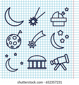 Set of 9 astronomy outline icons such as observatory, moon and stars, crescent, falling star, telescope