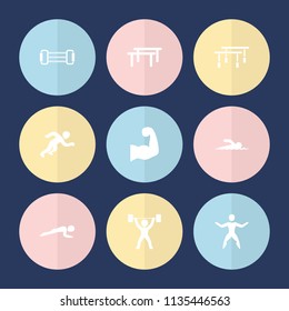 Set of 9 athlete filled icons such as muscular arm, running, power lifter, swimmer, horizontal bar, expander sport, man doing exercises