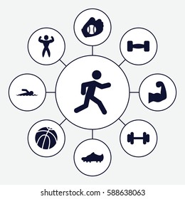Set of 9 athletic filled icons such as barbell, running, bodybuilder, muscular arm, soccer trainers, baseball glove, swimmer