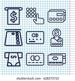 Set of 9 atm outline icons such as credit card, ATM money withdraw