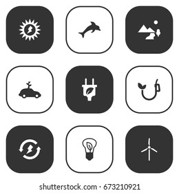Set Of 9 Atmosphere Icons Set.Collection Of Car, Fish, Leaf And Other Elements.