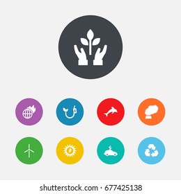 Set Of 9 Atmosphere Icons Set.Collection Of Warm, Cleaning, Fish And Other Elements.
