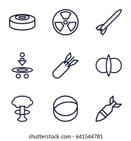 Set of 9 atomic outline icons such as atom, rocket bomb, smoke bomb, atom fusion, radiation